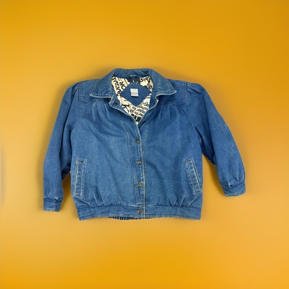 VTG 90s Women's Denim Bomber Jacket AOP Newspaper Print Lined Blue Jean Coat M - Picture 2 of 12